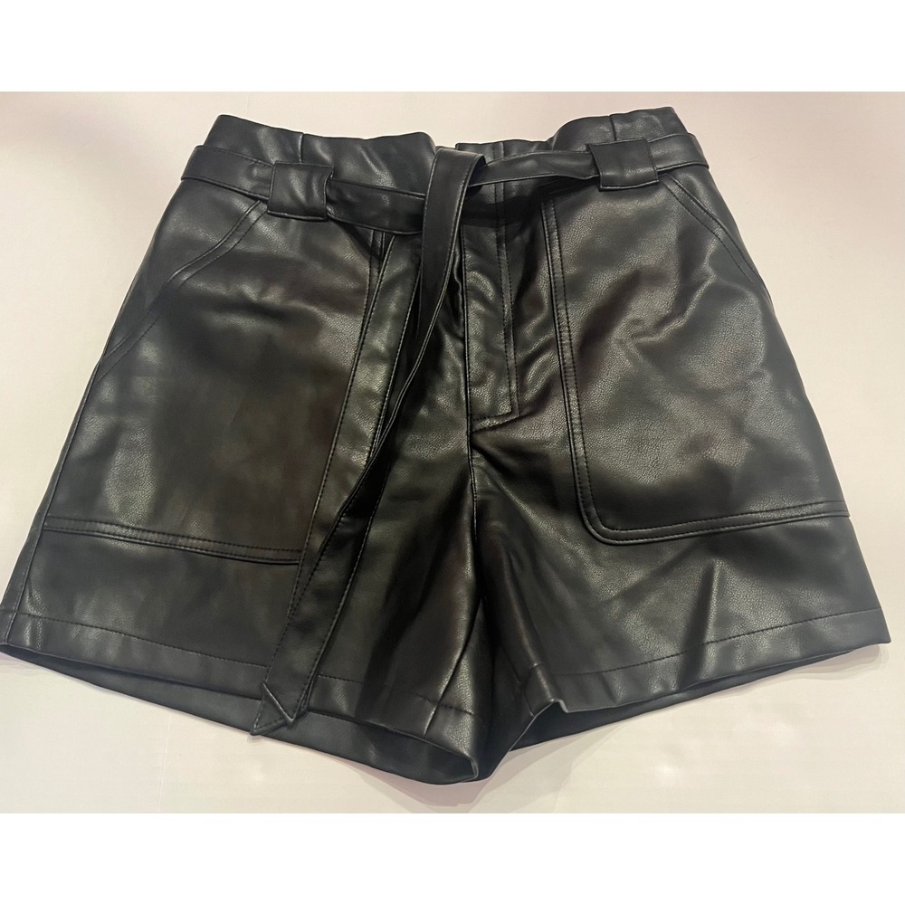 Bagatelle Collection Black Faux Leather High Waisted Tie Belt Shorts Pockets XS